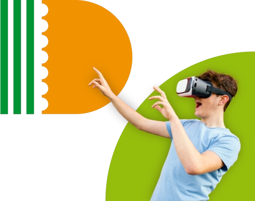 Visual of an excited student with virtual reality glasses on.